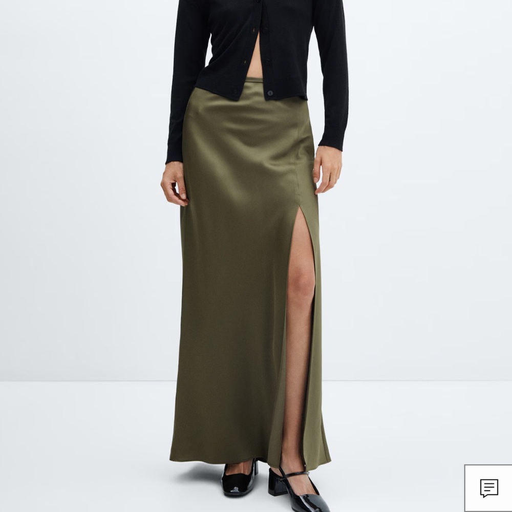 Mango satin skirt with side slit in olive green